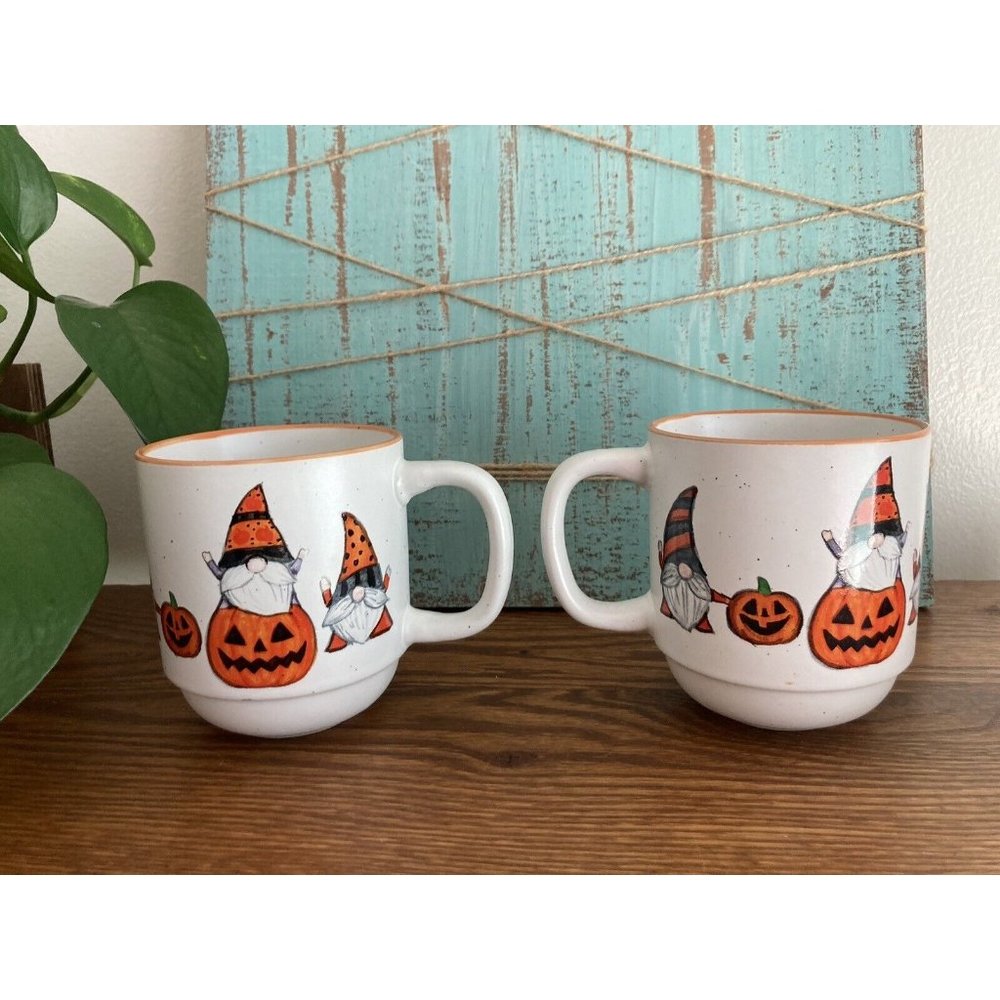 Cobwebs & Cauldrons Halloween Gnomes And Pumpkins Set of 2 MUG Stoneware